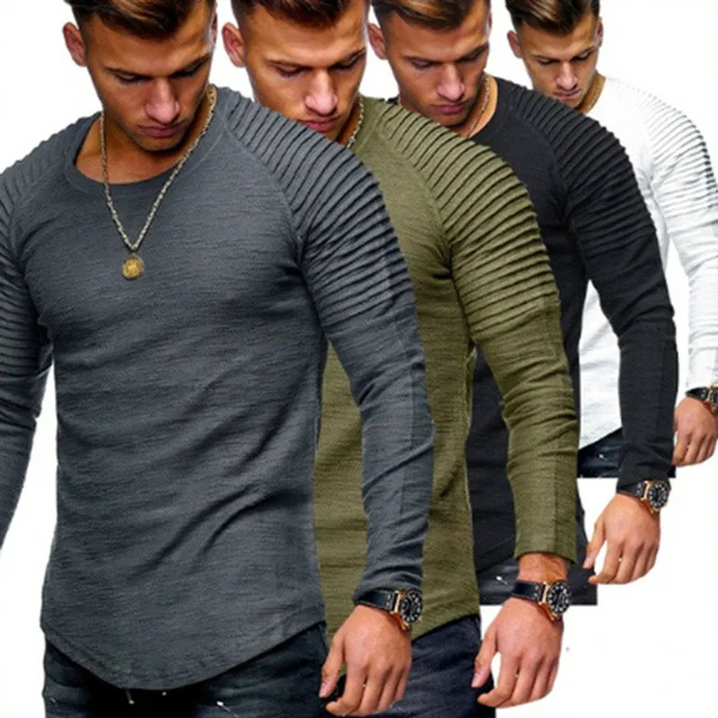 

Футболка мужская с длинным рукавом, уличная одежда в стиле ретро, облегающая Повседневная рубашка с круглым вырезом, однотонный топ в стиле ...