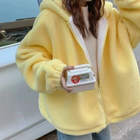 2021 hooded ladies plus velvet thick coat all match jacket pure yellow sweet and cute autumn and winter lamb wool loose coat