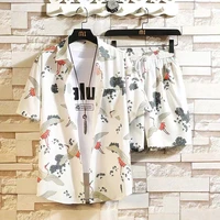 summer retro beach mens chinese style fashion short sleeved shirt crane print shorts fashion casual large two piece set