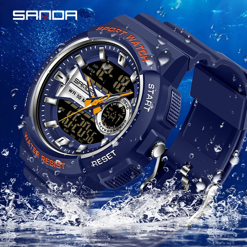 

2023 New Digital Watch Men Sport Chronograph Calendar Quartz Wristwatch 50m Waterproof Male Electronic Clock SANDA 6081