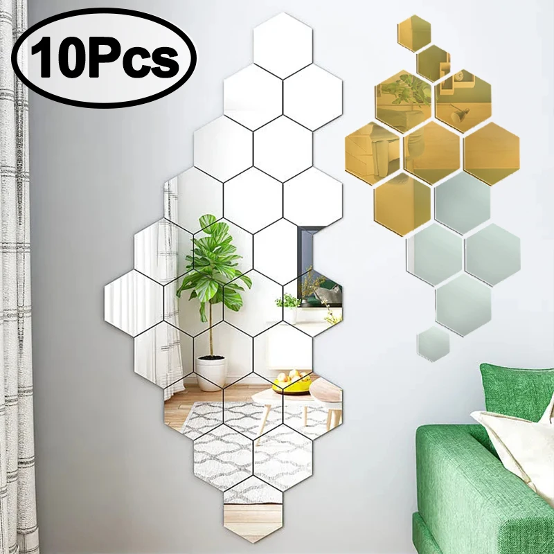 Купи 10Pcs Acrylic Mirror Wall Stickers DIY Hexagon Arbitrary Splicing Sticker Home Decor Bedroom Living Room Self-adhesive Mirrors за 75 рублей в магазине AliExpress