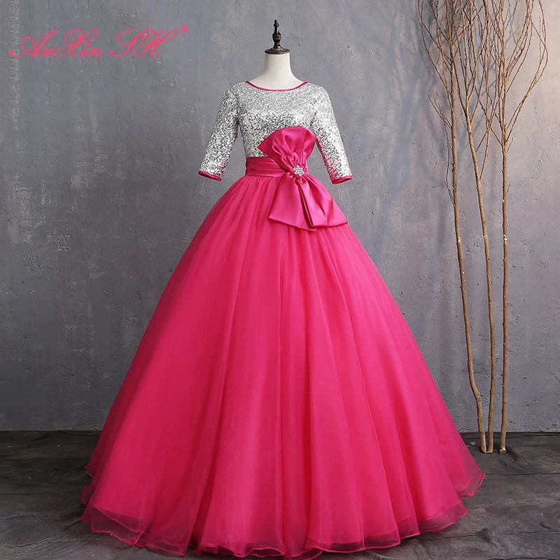 

AnXin SH princess rose pink lace o neck half sleeve party vintage beading big bow lace up host ball gown sparkly evening dress