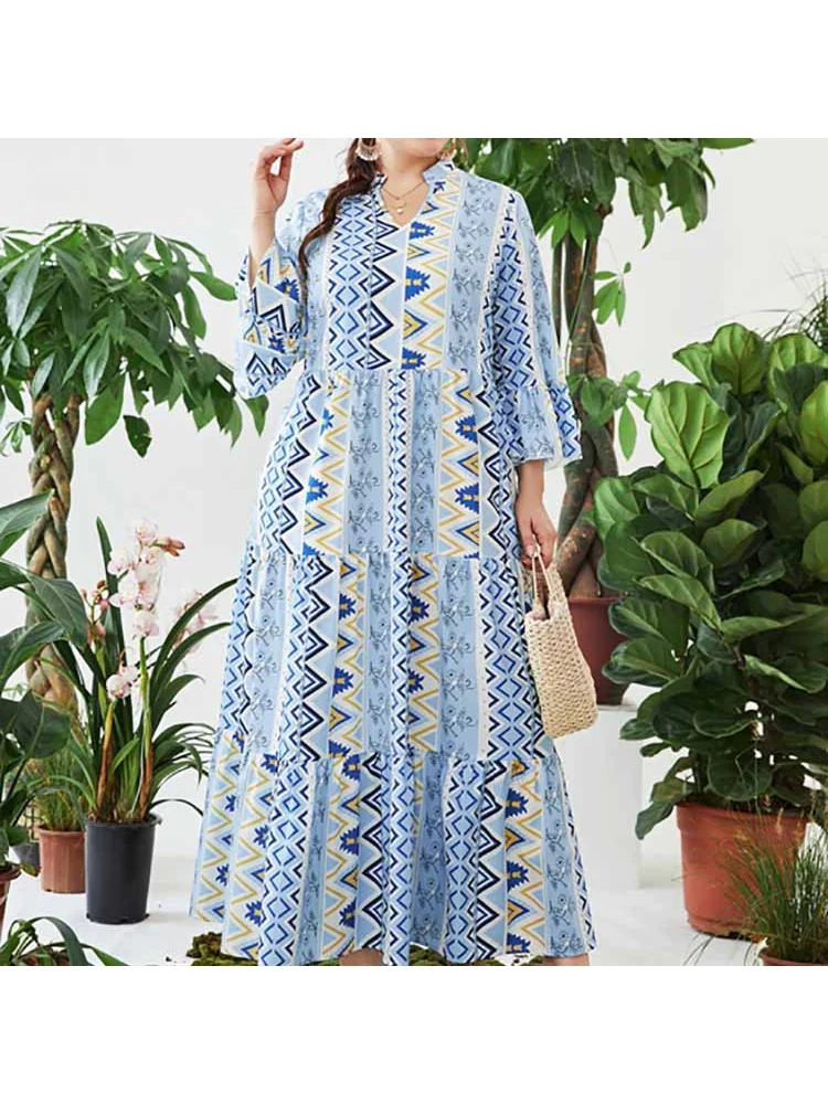 Plus-size new blue print skirt elastic waist dress women's wear plus size women clothing dress
