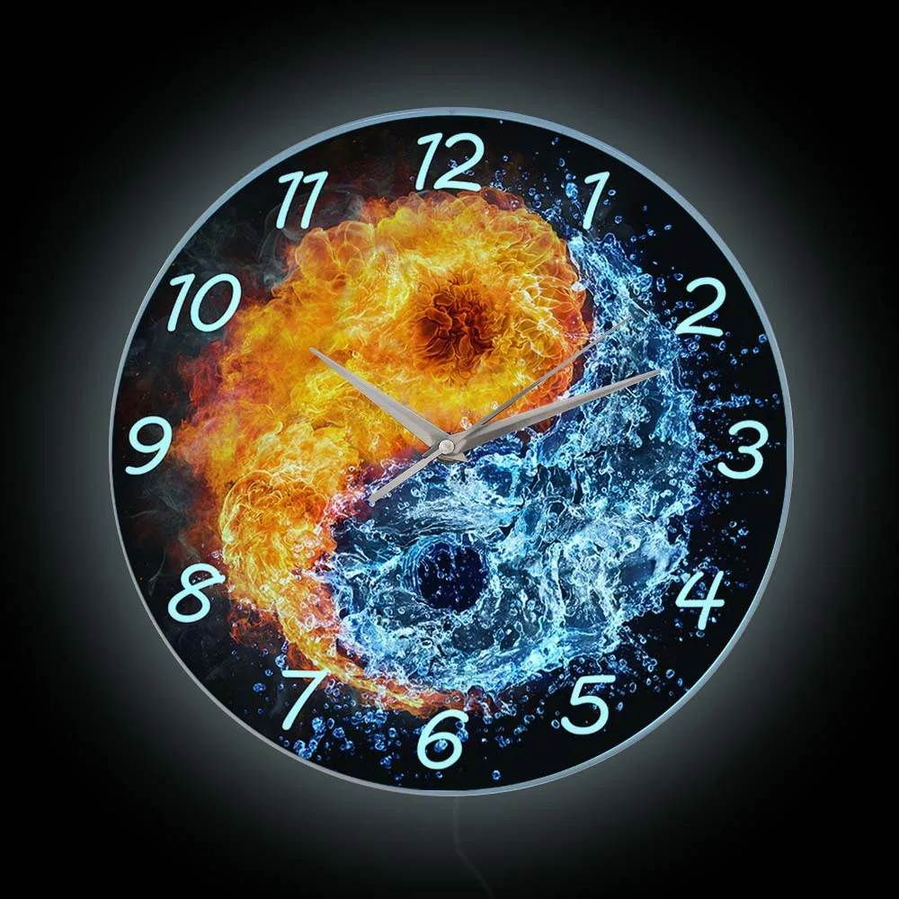 Настенные часы Yin Yang с огнем и водой подсветкой гармония духовный тайцзи дзен