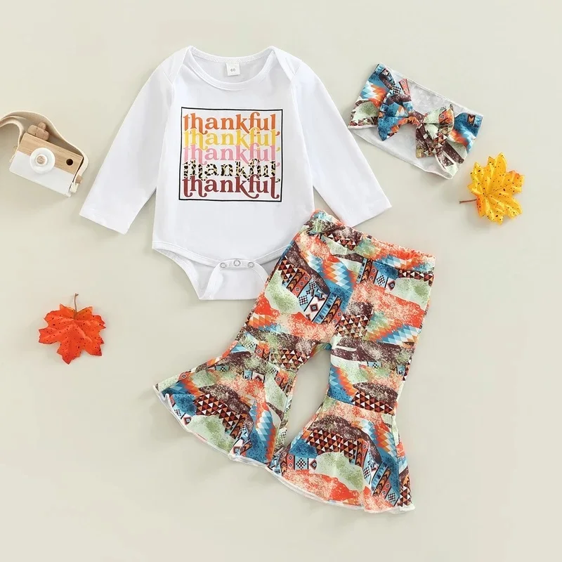

Thanksgiving Day Infant Baby Girl Long Sleeve Letter Romper T-Shirts+Print Flare Pants+Headband 3PCS Clothes Spring Outfits Suit
