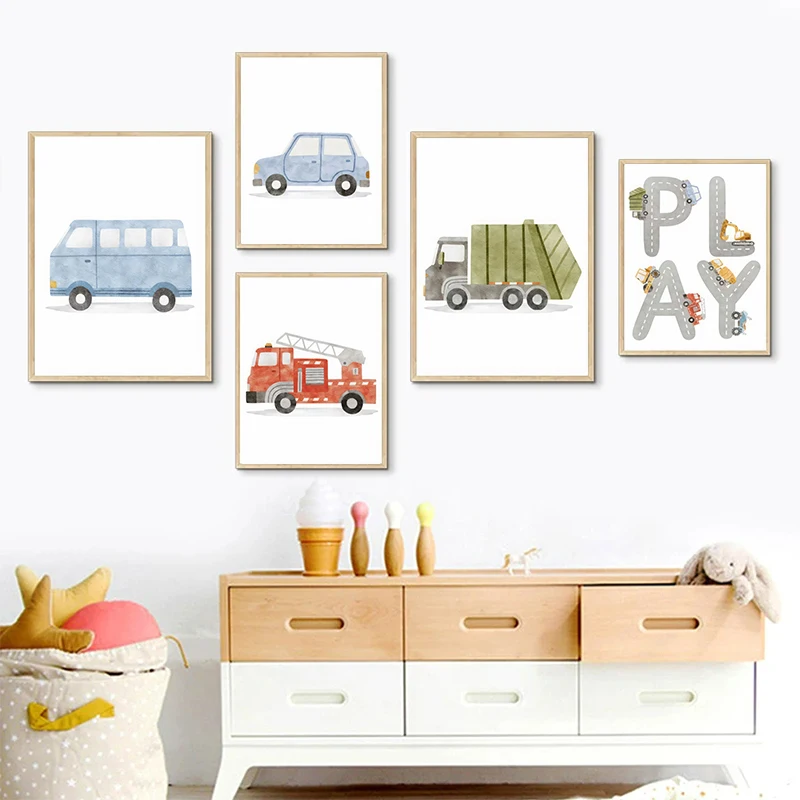 Алфавит такси пожарная машина автобус настенные художественные плакаты принты