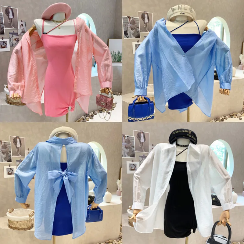 

Новинка, женская одежда, весна 2022, однотонная Свободная шифоновая рубашка с длинным рукавом, женское платье с подтяжками, комплект из двух п...