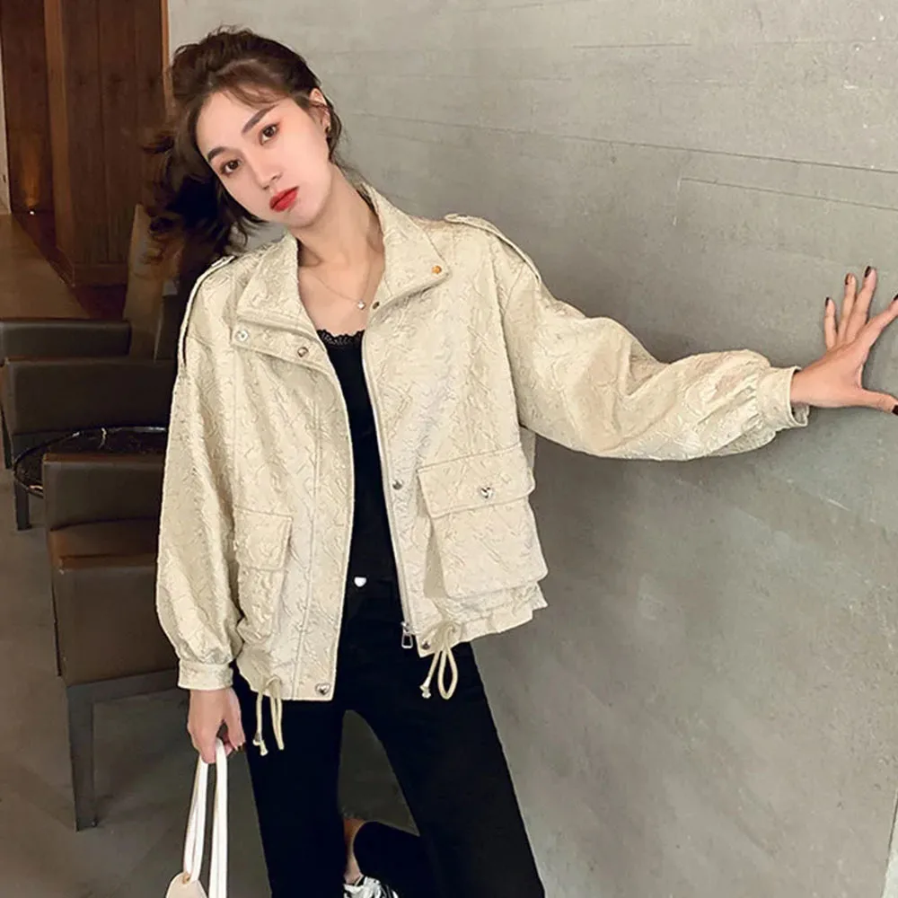 

Spring Women's Simple 2022 Fashion Texture Autumn Casual Long Sleeve Outerwear Large Size 2XL Solid Color Zipper Lapel Jacket