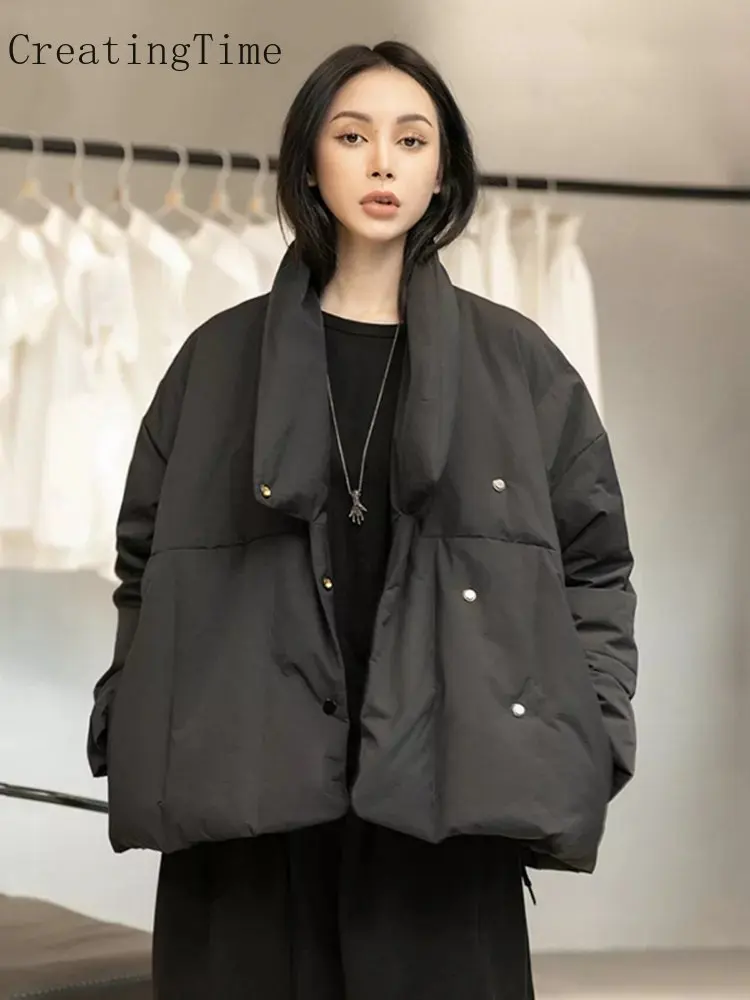 

Loose Fit Black Warm Short Padded Jackets New Stand Collar Long Sleeve Women‘s Vintage Parkas Fashion Autumn Winter 2022 LH988