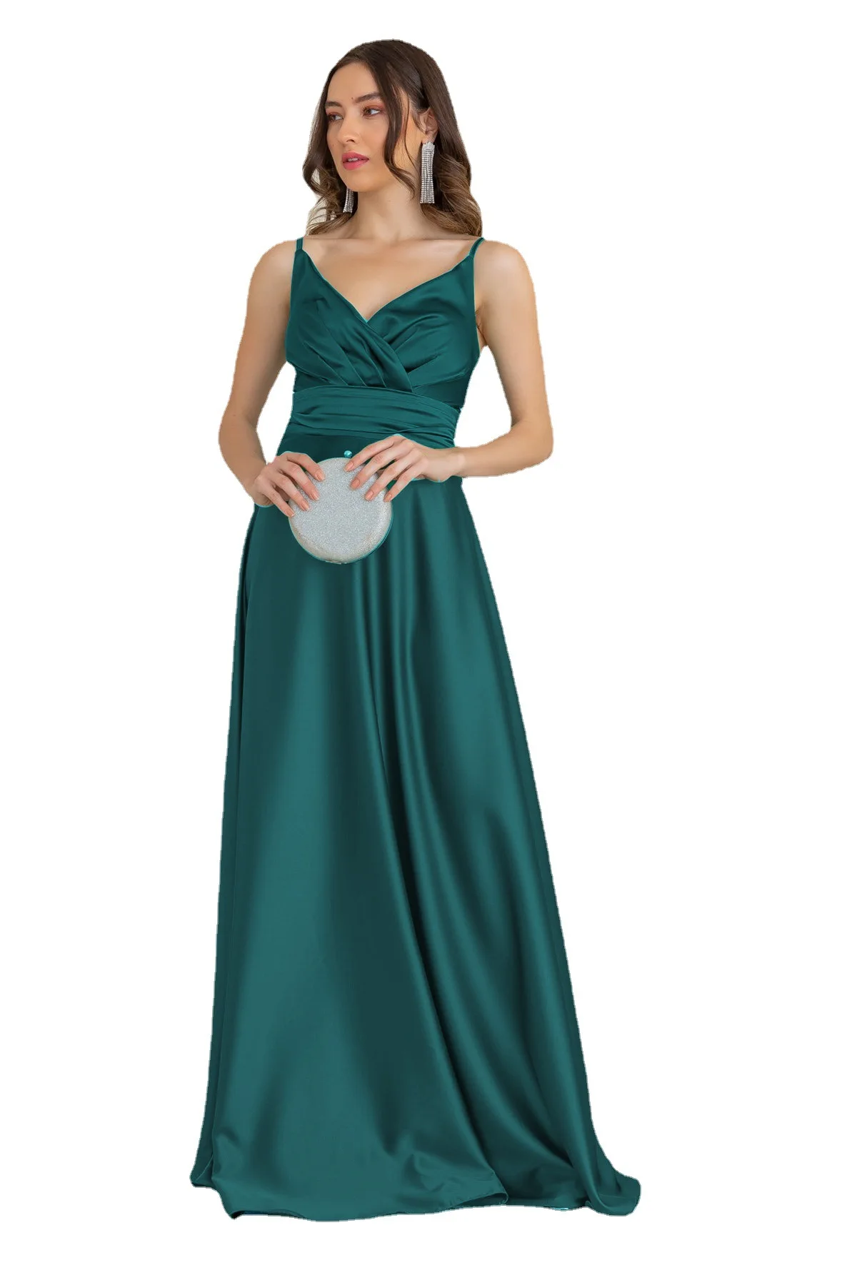 Women Elegant Soft Satin Party Dress Spaghetti V-neck Prom Evening Dress Fashion Sexy Slim Waist A-Line Formal Dresses