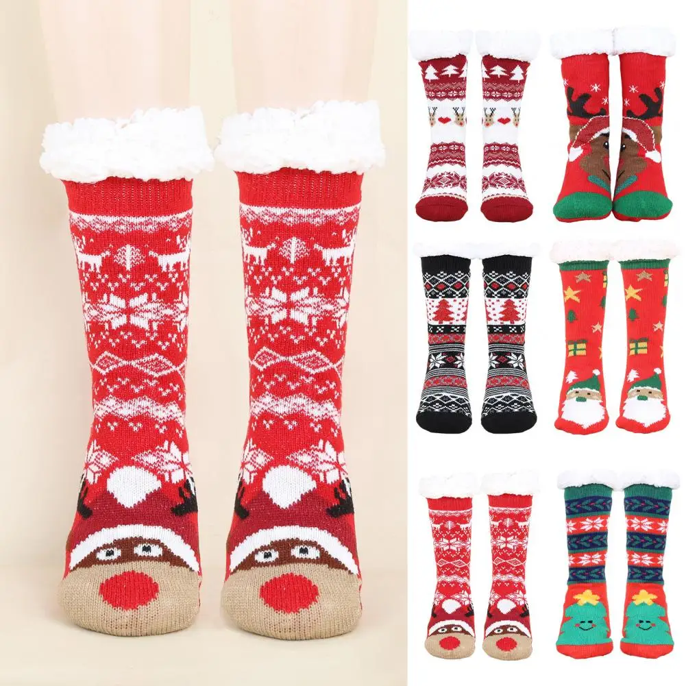 

Christmas Socks Cozy Winter Women's Christmas Tree Deer Snowflake Print Floor Socks Mid-tube Thickened Fleece Lining for Indoor