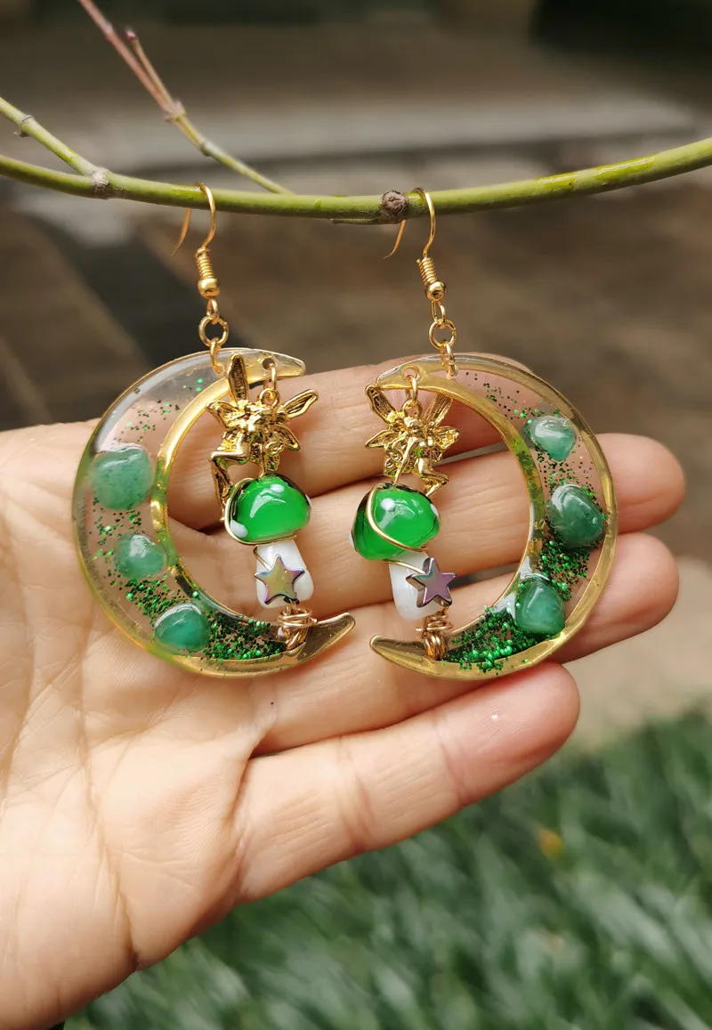 

Handmade Green Mushroom on Green Aventurine Moon // Mushroom Earrings Dangle Mushroom Earrings Fairy Woodland Earrings