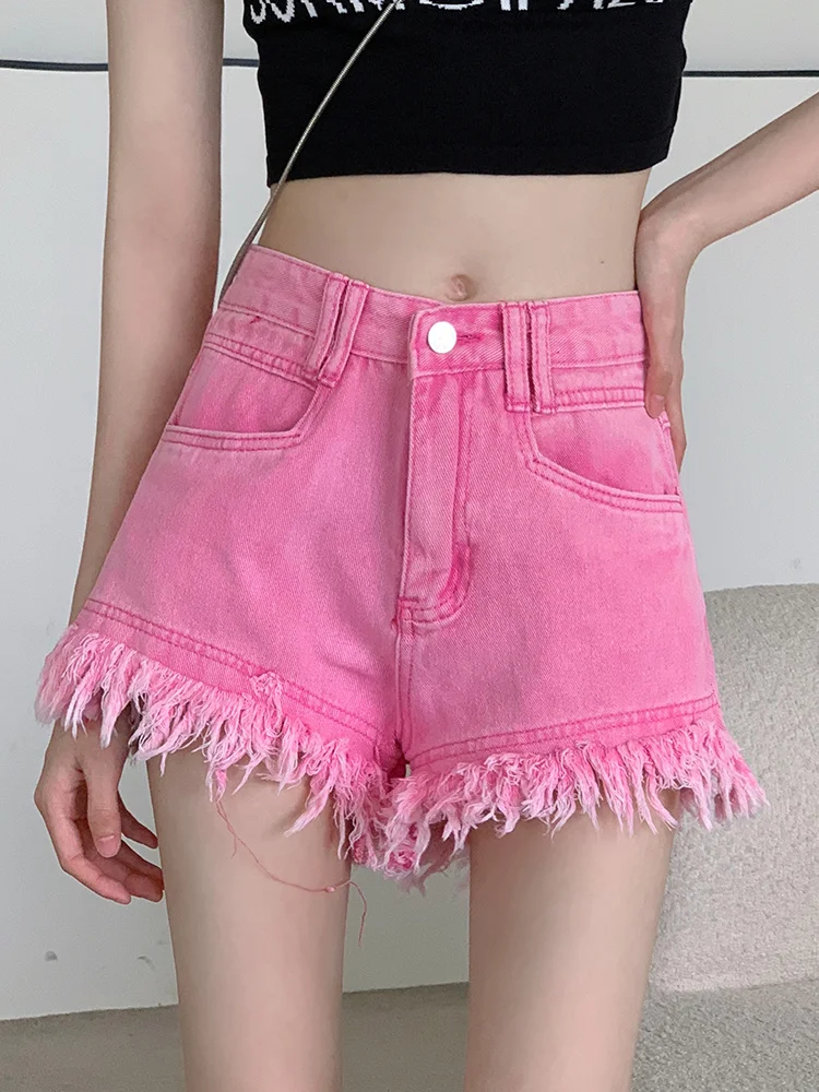 

Streetwear Female High Waist Loose Raw Hem Denim Shorts Summer Women Wide Leg Button Jeans Shorts Ladies Bottoms