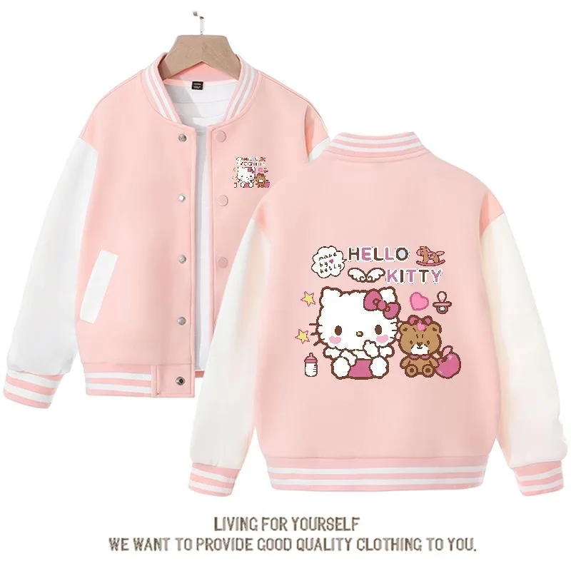 

Бейсбольная форма Hello Kitty для девочек, весна-осень, детская свободная Спортивная кавайная куртка из чистого хлопка с мультяшным принтом Sanrioed