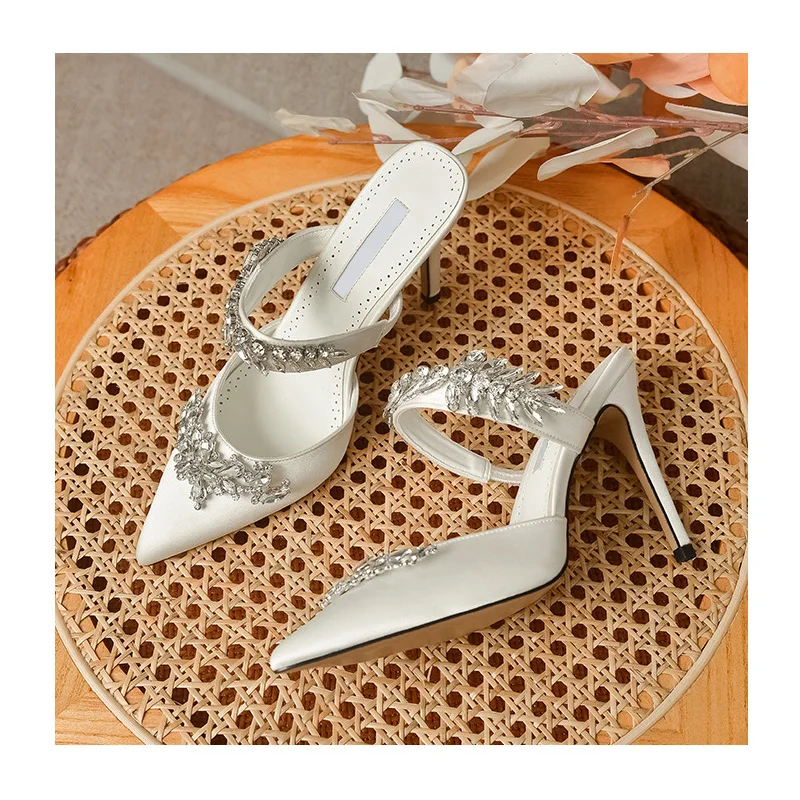 New Mules Shallow Pointed Toe, Black Silk Face Wheat Ear Rhinestones Wedding Parties Casual Fashion Sandals  Heels Women