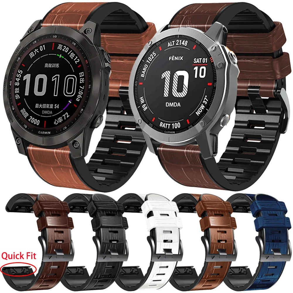 

22 26MM Leather+Silicone Watch Band Straps For Garmin Fenix 7X 7 6X 6 Pro 5X 5 Puls 3 HR Smartwatch Easyfit Wristbands Bracelet
