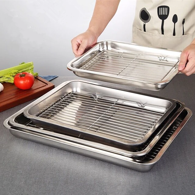 Rectangular Storage Plates Oven Baking Tray Oil Filter Pan Stainless Steel Bakeware Grid Wire Cooling Rack Kitchen Utensils 1