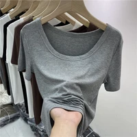 large size thread short sleeve t shirt womens summer new round neck with exposed collarbone bottoming t shirt thin top p3 745