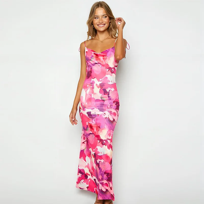 

LaModa-Elegant and Pretty Women Dresses for Prom Smocked Backless Sling Print Dress Vacation Travel Beach High Waist Slim Dress