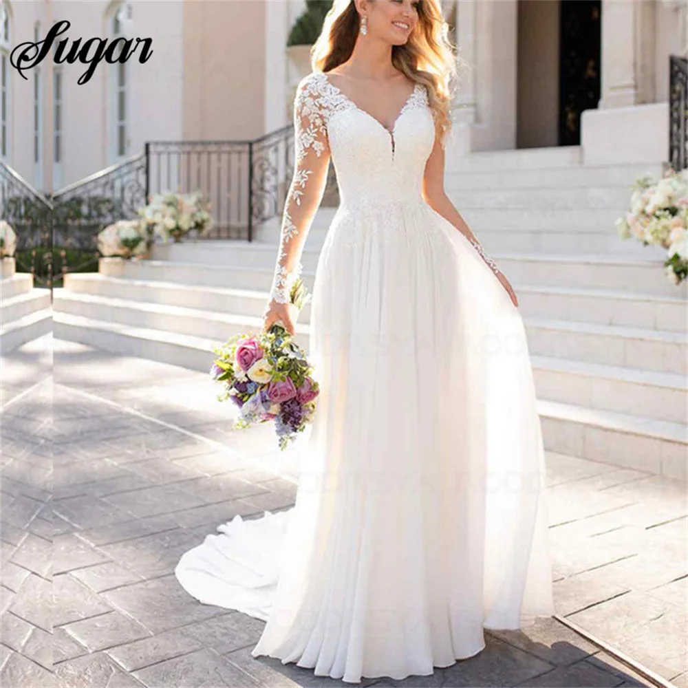 Купи V Neck Long Sleeves Chiffon Beach Wedding Dresses Open Back White Lace Applique Bridal Dress Party Vestidos De Novia A-line за 4,560 рублей в магазине AliExpress