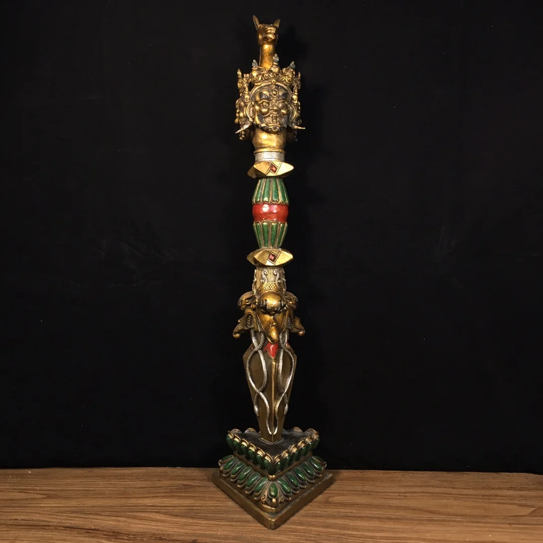 

22"Tibet Temple Collection Old Bronze Painted Hayagriva Dorje Vajra Phurpa Amulet Lotus platform Base Worship Hall Town house