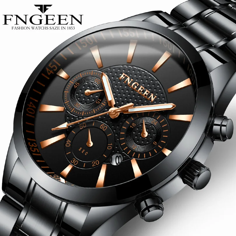

FNGEEN Fashion Trend Men's luminous quartz watch waterproof calendar ultra-thin belt watch three eye six needle rose gold