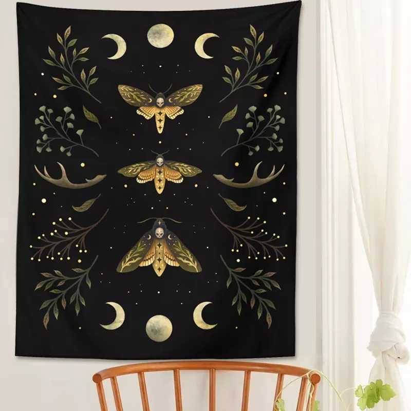

Vintage Moon Phase Wall Hanging Tapestry Mooonlight Green Olive Leaf Black Tapestries Boho Room Art Home Decoration Accessories