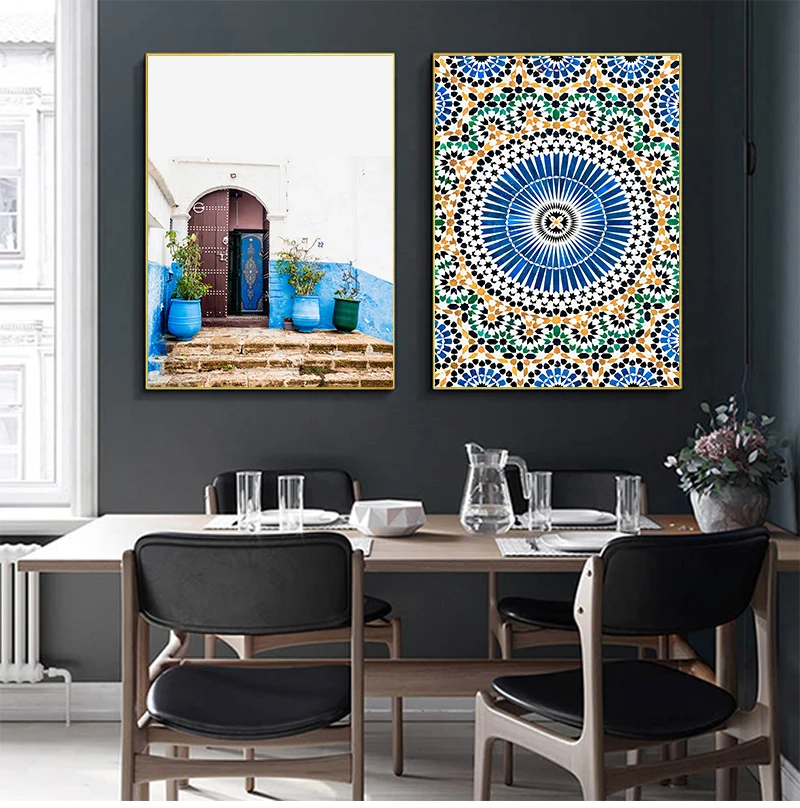 

Mosque Blue Door Nordic Poster Morocco Building Wall Art Canvas Painting Religion School Wall Picture For Living Room Home Decor