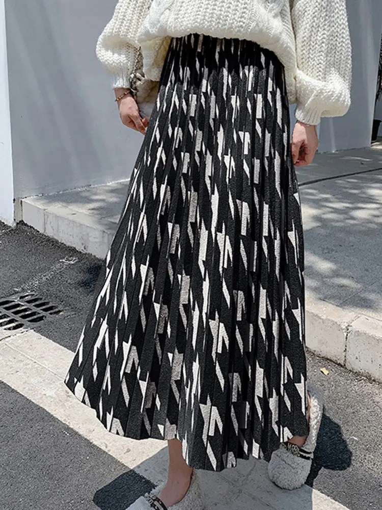 

TIGENA Women Knitted Skirt Thick Warm Autumn Winter Fashion Geometric Printed A Line High Waist Pleated Midi Long Skirt Female