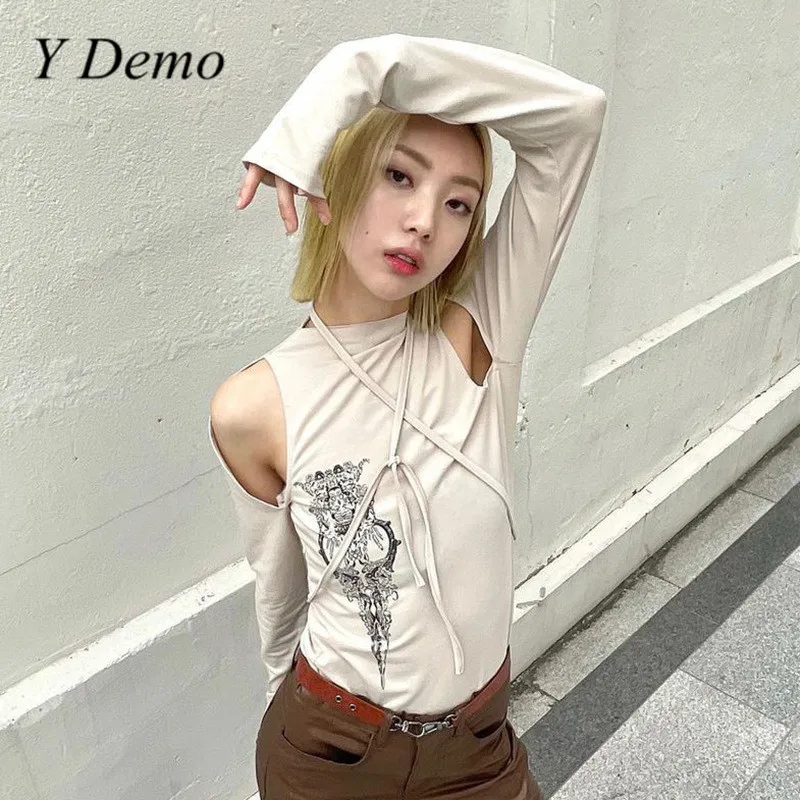 Y Demo Y2k Casual Long Sleeve T-shirt Women Off Shoulder Hollow Out Drawstring Printing Summer Tops Techwear