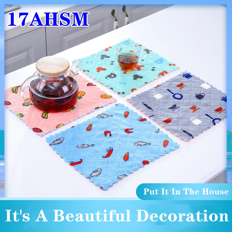 

17AHSM Microfiber Double Sided Pattern Downy Kitchen Non-stick Oil Cleaning Cloths Dish Towel Absorbent Towel Cleaning Products