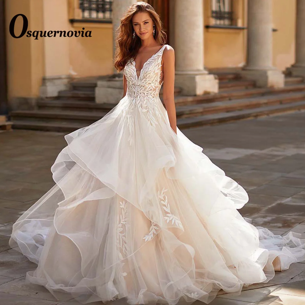 

Osquernovia Charming Wedding Gown For Brides Sleeveless Ruched V-neck Appliques Backless A-line 2023 Robe De Mariée Custom Made