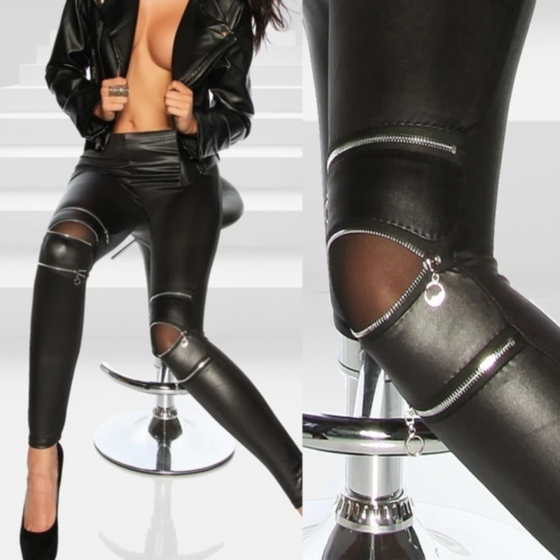 

Women Sexy Leggings Black Slim Stretchy Leggins High-elastic Knee Three Zipper Sexy Matt imitation Leather