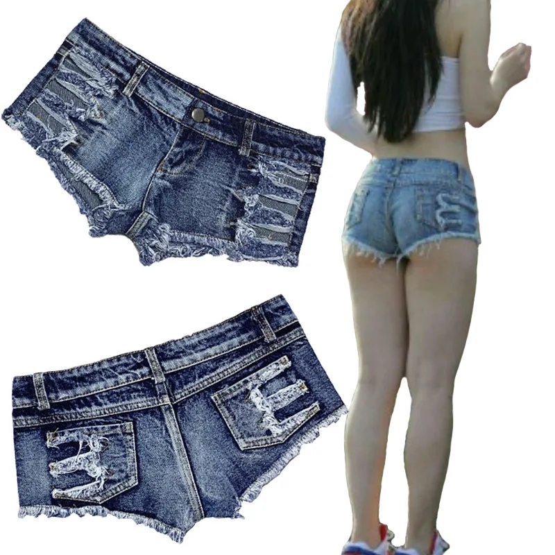 

Women Sexy Side Cut-out Denim Shorts Slim Tight Nightclub Super Low Waist Shorts