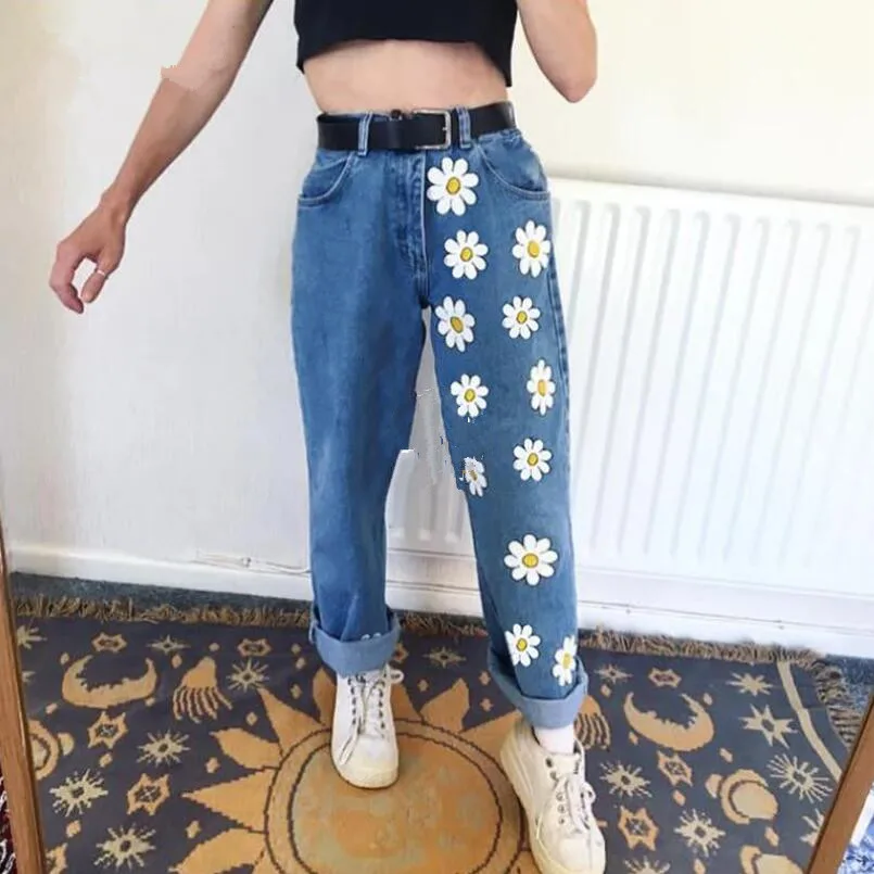 

Fashion High Waist Woman Jeans 2022 Straight Female Denim Pants Trousers Vintage Daisies Printed Women's Jeans Streetwear w176