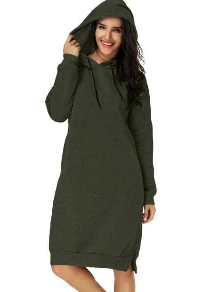 

Женское платье-свитшот, однотонное длинное платье с разрезом, осенняя одежда, однотонные Повседневные пуловеры с длинным рукавом, топы