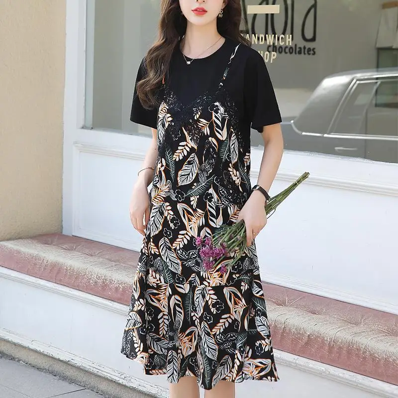 

Летнее шифоновое платье для отпуска с имитацией 2 частей, женские повседневные свободные платья миди с круглым вырезом, принтом листьев и коротким рукавом, кружевом и оборками