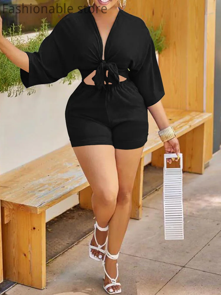 

Women Sexy Deep V-Neck Hollow Lace-Up Straight Rompers