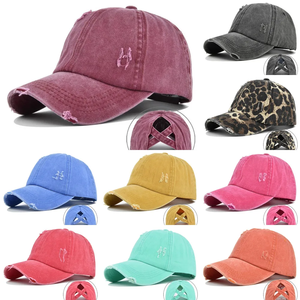 

Women Vintage Washed Cotton Baseball Cap Sunscreen Distressed Ripped Criss Cross High Ponytail Adjustable Snapback Hat