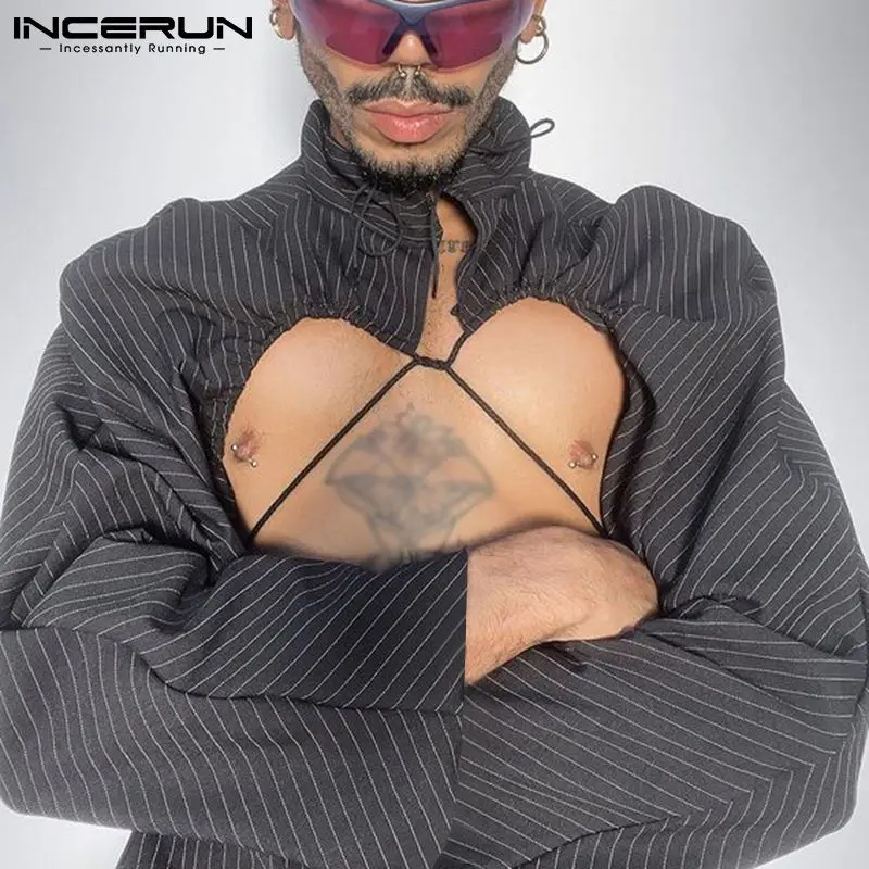 

INCERUN Tops 2022 American Style New Men Fashion Hollow out Striped Camiseta Stylish Male Drawstring Long-sleeved T-shirts S-5XL