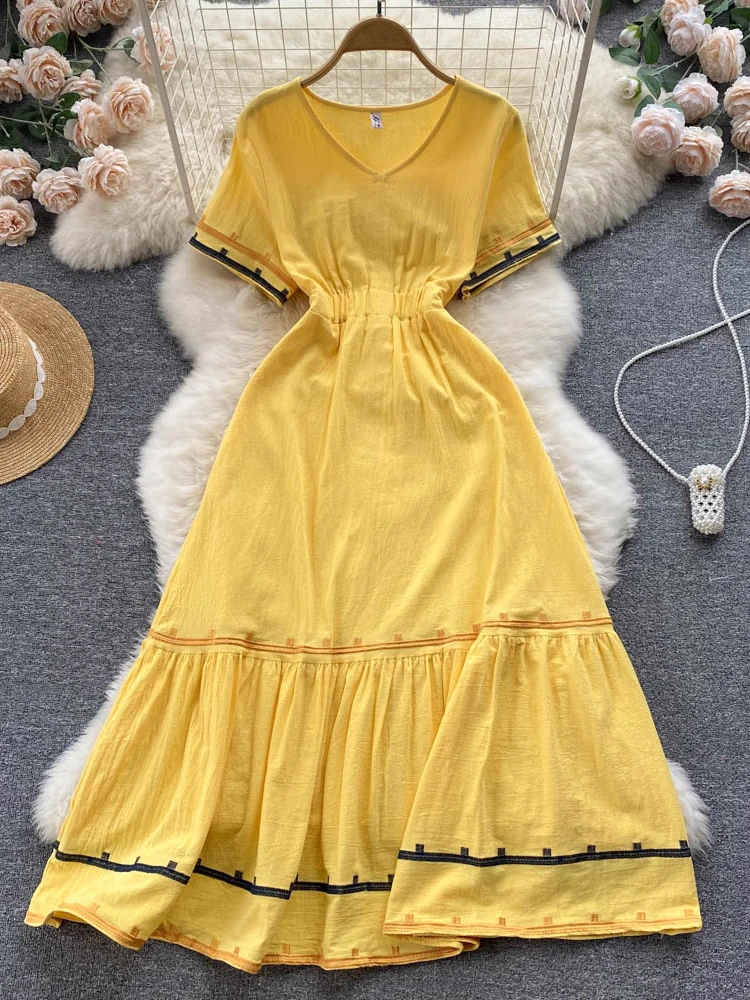 

Aibeautyer New Vintage Summer Solid Slim Short Lady Dress A Line V Neck Chiffon Pullover Mid-Calf High Waist Women Dresses