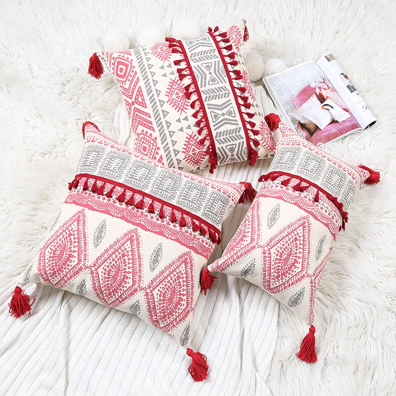 

Boho Style cushion cover 45x45cm Cotton Woven Pillow Cover Tassels Pompom for Home decoration Sofa Bed Living Room Bed Room Soft