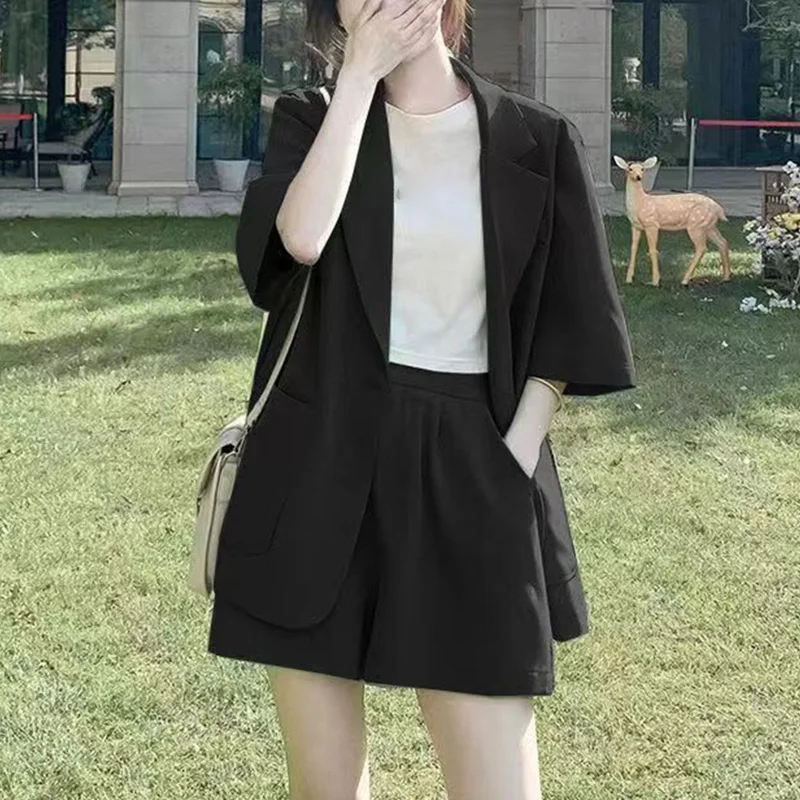 Summer Office Lady Elegant Fashion Short Sleeve Blazer Shorts Set Female Solid Loose Casual Suit Women's Clothing Coat Jacket
