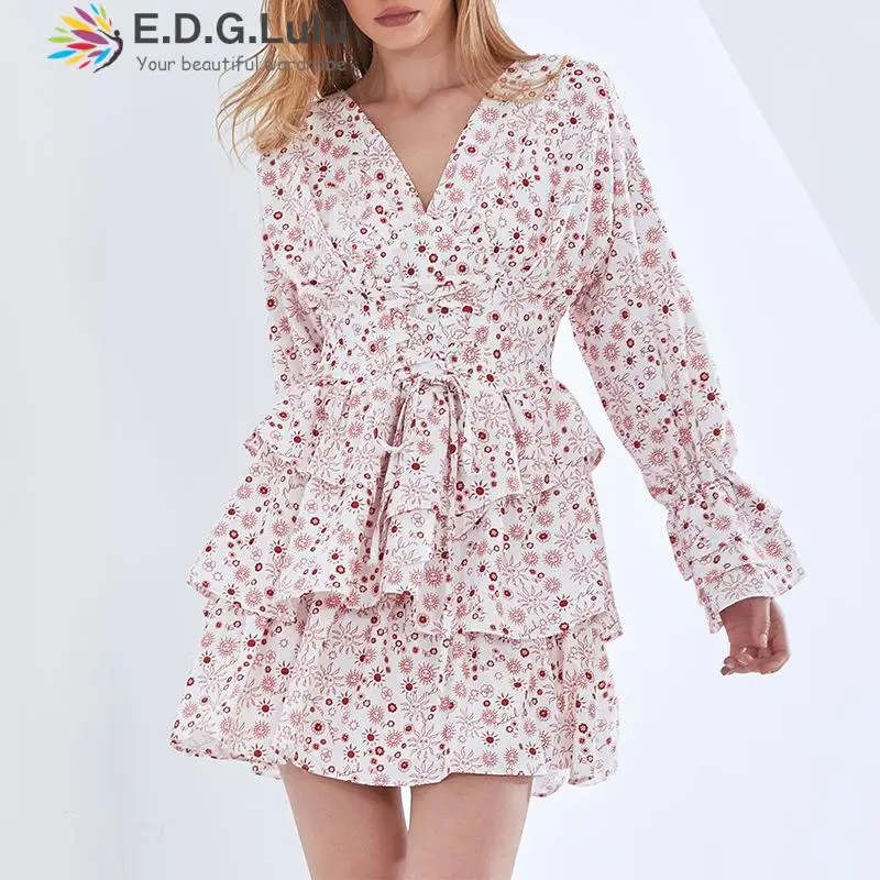 

EDGLuLu Korean Fashion V-neck High Waist Drawstring Lace-up Cascading Ruffle Dress Elegant Backless Bow Mini Dress Vacation 1121