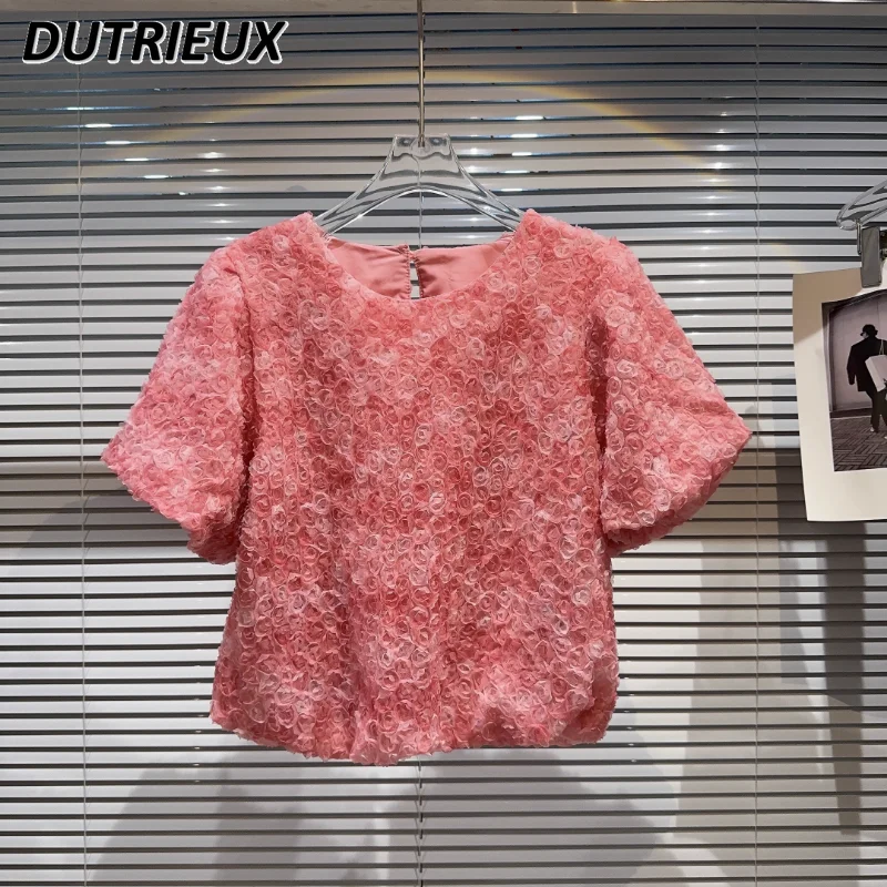 

2023 Summer New 3D Flower Gradient Color Temperament Socialite Short Sleeve T-shirt Women's Crew Neck Short Tops Blouse