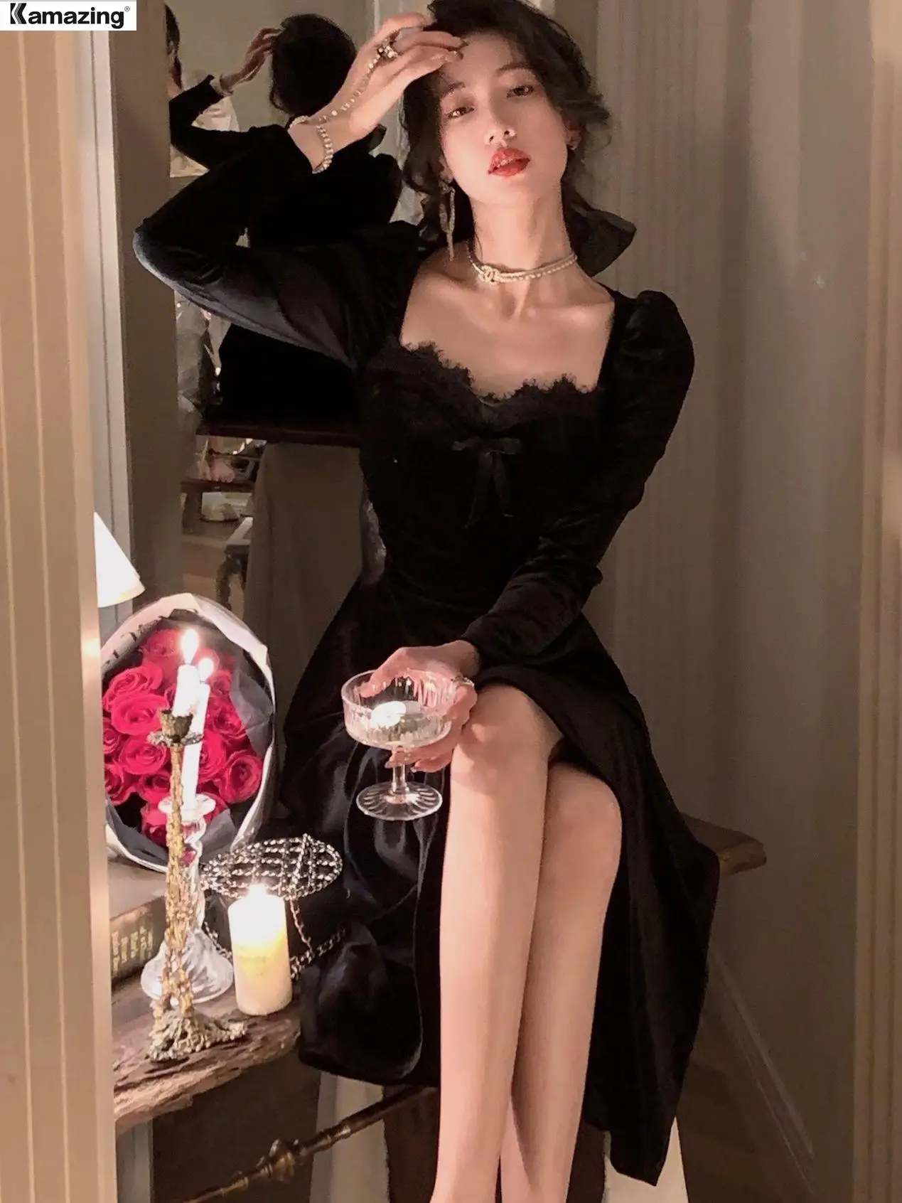 

New Autumn Sping Women Vintage Velvet Midi Dress Female Sexy Ladies Elegant Party Prom Robe Vestidos Clothes