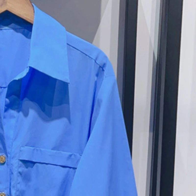 

2023 Early Autumn Lapel Long Sleeve Pleated High Waist Solid Color Shirt Style Dress Women