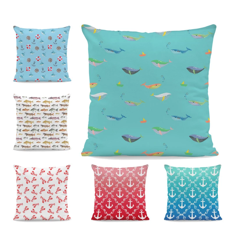 

Веселая пушистая наволочка, синяя искусственная наволочка с рисунком лобстера, рыбы, декоративная Мягкая Наволочка для дивана, 45*45