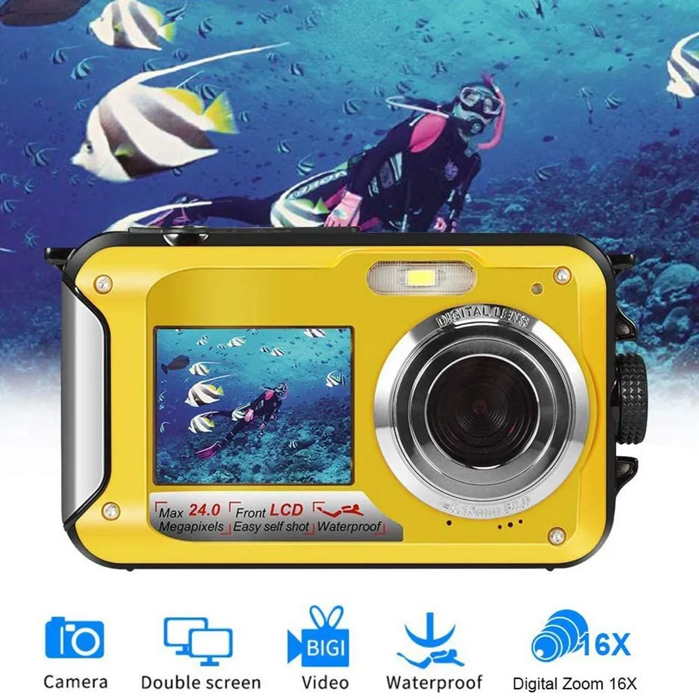 Dual Screen Underwater Digital Camera Selfie Video Recorder Waterproof Anti-Shake 1080P FHD 2.4MP Support TF Card 32GB 16X Zoom enlarge