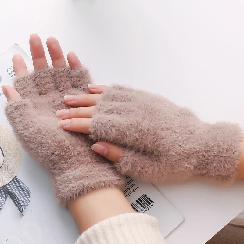 

Mink Gloves Half Fingers Mittens Winter Warm Wool Touchscreen Gloves Arm Warmers Men Knitting Mitten Women Glove Men guantes